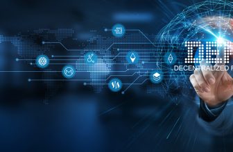 DeFi offers a smart solution to traditional financial systems. Businessman points at a virtual blockchain network connecting service with graphical icons in finance, banking, insurance, industry.